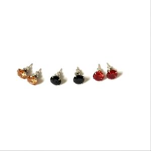 Set of three 925 silver button earrings in black, red and orange